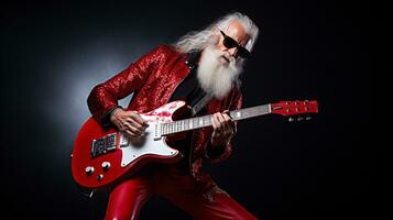 ai generativ cool Hipster Santa auf Bass Gitarre beim Party mit Sonnenbrille foto