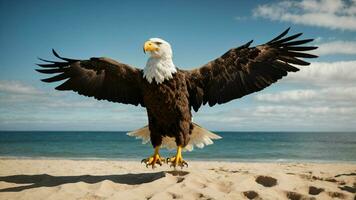 ein schön Sommer- Tag mit Blau Himmel und ein einsam stellers Meer Adler Über das Strand ai generativ foto