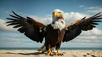 ein schön Sommer- Tag mit Blau Himmel und ein einsam stellers Meer Adler Über das Strand ai generativ foto