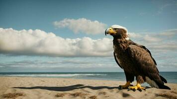 ein schön Sommer- Tag mit Blau Himmel und ein einsam stellers Meer Adler Über das Strand ai generativ foto