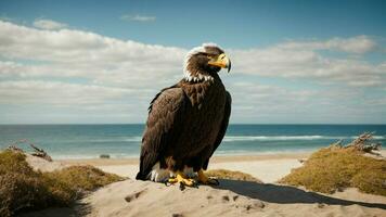 ein schön Sommer- Tag mit Blau Himmel und ein einsam stellers Meer Adler Über das Strand ai generativ foto