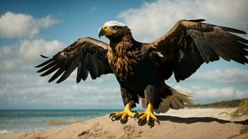 ein schön Sommer- Tag mit Blau Himmel und ein einsam stellers Meer Adler Über das Strand ai generativ foto