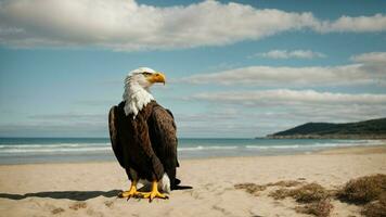 ein schön Sommer- Tag mit Blau Himmel und ein einsam stellers Meer Adler Über das Strand ai generativ foto