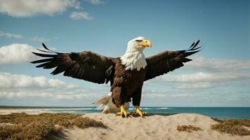 ein schön Sommer- Tag mit Blau Himmel und ein einsam stellers Meer Adler Über das Strand ai generativ foto