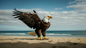 ein schön Sommer- Tag mit Blau Himmel und ein einsam stellers Meer Adler Über das Strand ai generativ foto