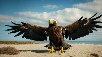 ein schön Sommer- Tag mit Blau Himmel und ein einsam stellers Meer Adler Über das Strand ai generativ foto