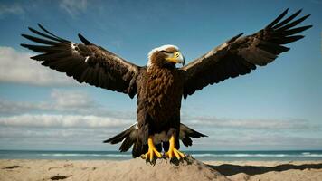 ein schön Sommer- Tag mit Blau Himmel und ein einsam stellers Meer Adler Über das Strand ai generativ foto