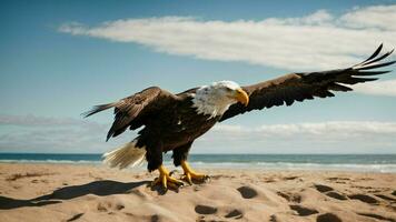 ein schön Sommer- Tag mit Blau Himmel und ein einsam stellers Meer Adler Über das Strand ai generativ foto