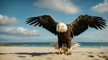 ein schön Sommer- Tag mit Blau Himmel und ein einsam stellers Meer Adler Über das Strand ai generativ foto