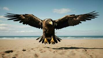 ein schön Sommer- Tag mit Blau Himmel und ein einsam stellers Meer Adler Über das Strand ai generativ foto