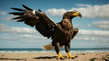 ein schön Sommer- Tag mit Blau Himmel und ein einsam stellers Meer Adler Über das Strand ai generativ foto