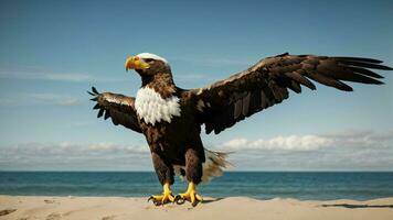 ein schön Sommer- Tag mit Blau Himmel und ein einsam stellers Meer Adler Über das Strand ai generativ foto