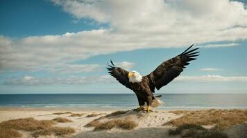 ein schön Sommer- Tag mit Blau Himmel und ein einsam stellers Meer Adler Über das Strand ai generativ foto