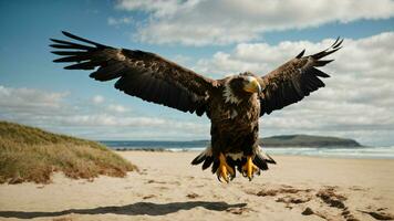 ein schön Sommer- Tag mit Blau Himmel und ein einsam stellers Meer Adler Über das Strand ai generativ foto