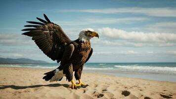 ein schön Sommer- Tag mit Blau Himmel und ein einsam stellers Meer Adler Über das Strand ai generativ foto