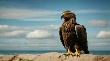 ein schön Sommer- Tag mit Blau Himmel und ein einsam stellers Meer Adler Über das Strand ai generativ foto