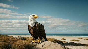 ein schön Sommer- Tag mit Blau Himmel und ein einsam stellers Meer Adler Über das Strand ai generativ foto