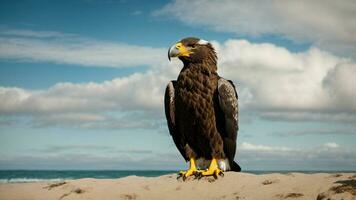 ein schön Sommer- Tag mit Blau Himmel und ein einsam stellers Meer Adler Über das Strand ai generativ foto