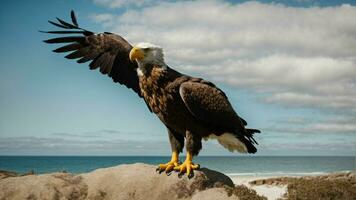 ein schön Sommer- Tag mit Blau Himmel und ein einsam stellers Meer Adler Über das Strand ai generativ foto