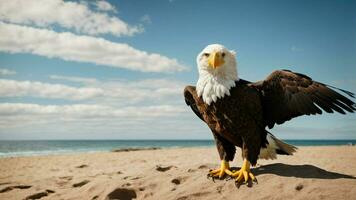 ein schön Sommer- Tag mit Blau Himmel und ein einsam stellers Meer Adler Über das Strand ai generativ foto