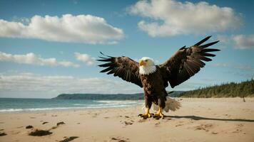 ein schön Sommer- Tag mit Blau Himmel und ein einsam stellers Meer Adler Über das Strand ai generativ foto