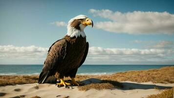 ein schön Sommer- Tag mit Blau Himmel und ein einsam stellers Meer Adler Über das Strand ai generativ foto