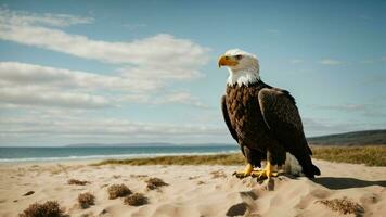 ein schön Sommer- Tag mit Blau Himmel und ein einsam stellers Meer Adler Über das Strand ai generativ foto