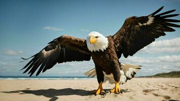 ein schön Sommer- Tag mit Blau Himmel und ein einsam stellers Meer Adler Über das Strand ai generativ foto