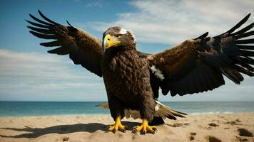 ein schön Sommer- Tag mit Blau Himmel und ein einsam stellers Meer Adler Über das Strand ai generativ foto