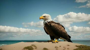 ein schön Sommer- Tag mit Blau Himmel und ein einsam stellers Meer Adler Über das Strand ai generativ foto