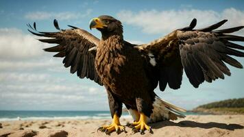 ein schön Sommer- Tag mit Blau Himmel und ein einsam stellers Meer Adler Über das Strand ai generativ foto