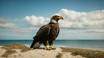 ein schön Sommer- Tag mit Blau Himmel und ein einsam stellers Meer Adler Über das Strand ai generativ foto