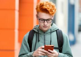 stilvoll Kerl Schüler Verwendet Smartphone auf Straße. Konzept von Sozial Netzwerke und online Kommunikation. ai generativ foto