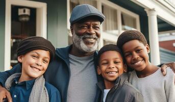 Porträt von lächelnd afrikanisch amerikanisch Großvater mit seine Enkelkinder. glücklich Familie. ai generativ foto