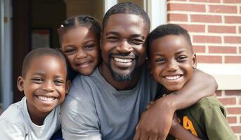 Porträt von lächelnd afrikanisch amerikanisch Mann mit seine Kinder. glücklich Familie. ai generativ foto