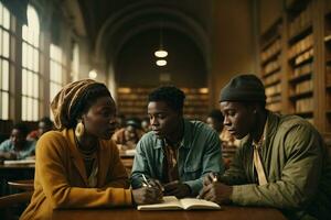 Studie Gruppe von afrikanisch Menschen im das Universität Bibliothek. ai generativ foto