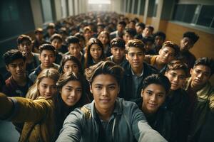 hoch Winkel Studenten nehmen Selfie. ai generativ foto