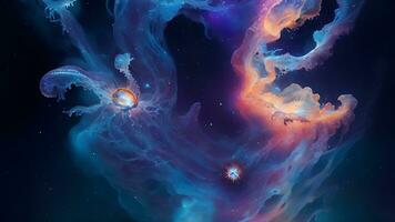 glühend Qualle schwimmen tief im Blau Meer Kosmos Meduse Neon- Qualle Fantasie im Raum Kosmos unter Sterne und Universum 3d machen. ai generativ foto