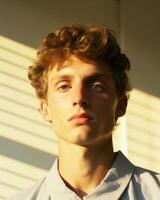 Porträt von jung männlich Modell- mit Strahlen Licht Schatten Overlay auf seine Gesicht, Ruhe emotional Ausdruck, ai generiert foto