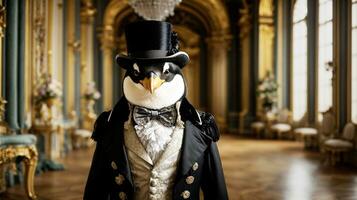 anthropomorph Serie - - ein Dandy Pinguin im ein Renaissance Palast - - ai generativ foto