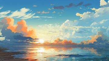 schön Landschaft Hintergrund. Karikatur Sommer- Sonnenuntergang mit Wolken und See. Anime Stil foto