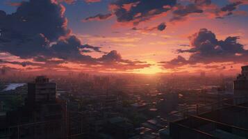 schön Stadt Landschaft Hintergrund. Karikatur Sommer- Sonnenuntergang mit Wolken. Anime Stil foto