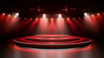 leeren Bühne von das Theater und theatralisch Gelassenheit, rot Bühne Licht. ai generativ foto