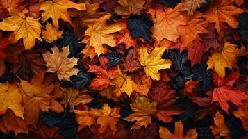 oben Aussicht von Rot, orange, und Gelb Blätter Hintergrund, gefallen Blätter im Herbst. ai generativ foto