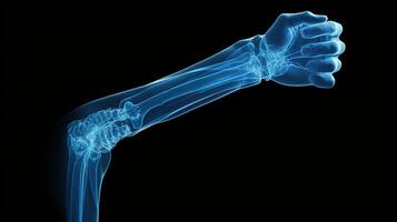 orthopädisch Exzellenz, detailliert Röntgen von ein männlich Mensch Arm im Blau Töne auf ein schwarz Hintergrund - - Ideal zum präzise medizinisch Bildgebung und Diagnose, ai generativ foto