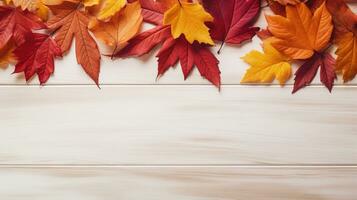 Herbst Hintergrund, ein oben Aussicht von beschwingt rot Blätter auf ein hölzern Hintergrund - - Erstellen ein saisonal Segeltuch mit Kopieren Raum zum herbstlich Kreativität, fallen Hintergrund, ai generativ foto