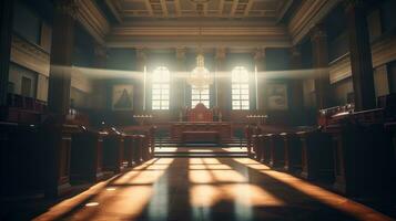 das Wesen von Gesetz und Gerechtigkeit, ein leeren Gerichtsgebäude Zimmer Innere beleuchtet durch Nachmittag Licht, ein mächtig Symbol von legal Prinzipien und Gleichwertigkeit, ai generativ foto