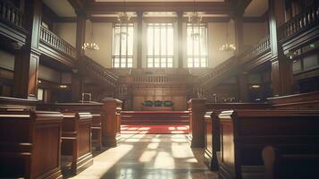 das Wesen von Gesetz und Gerechtigkeit, ein leeren Gerichtsgebäude Zimmer Innere beleuchtet durch Nachmittag Licht, ein mächtig Symbol von legal Prinzipien und Gleichwertigkeit, ai generativ foto