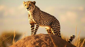 ein Gepard Sitzung auf ein Felsen ai generiert foto