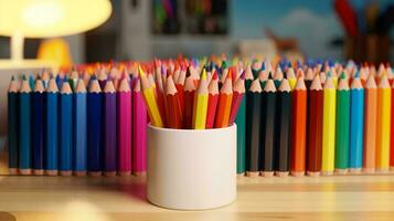 ein Tasse von Kaffee im Vorderseite von ein Reihe von farbig Bleistifte ai generiert foto